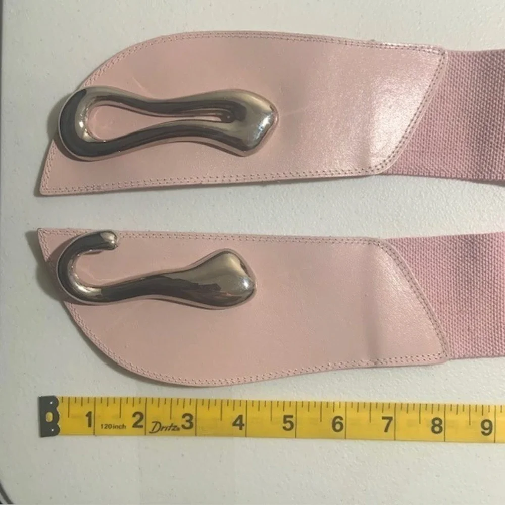 Y2K Pink Wide Stretch Belt M/L Silver Statement Buckle Retro Mod Cinch Waist